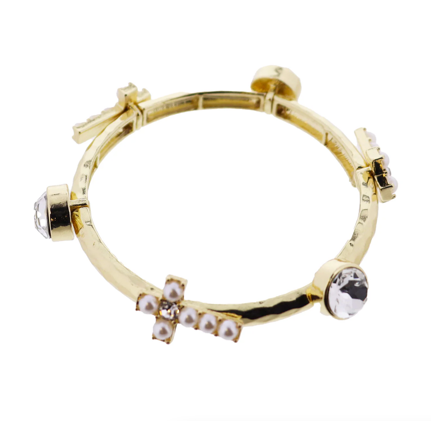 Gold Hammered Stretch Bangle Bracelet with Pearl, Clear Cross, Crystal Stations