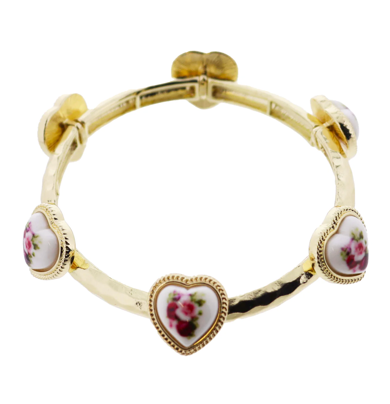 Gold Hammered Stretch Bangle Bracelet with Floral Heart Stations