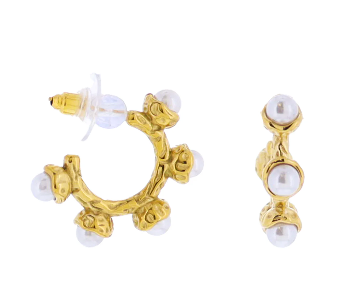 Pearl, Gold Hammered Hoop Earring