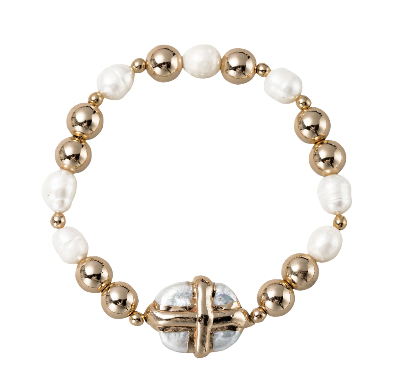 Beaded Stretch Bracelet with Pearl with Wrapped Gold Cross