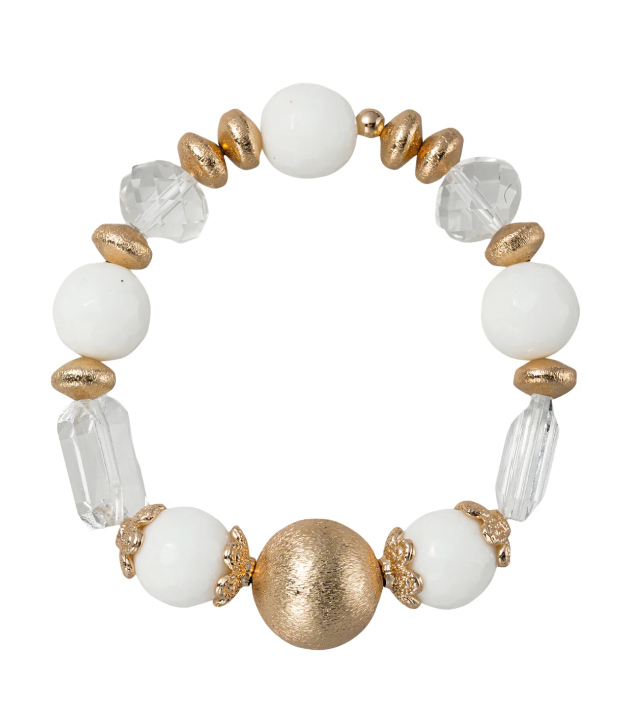 White Beaded Stretch Bracelet with Gold Ball, Clear Large Crystals, Decorative Spacers