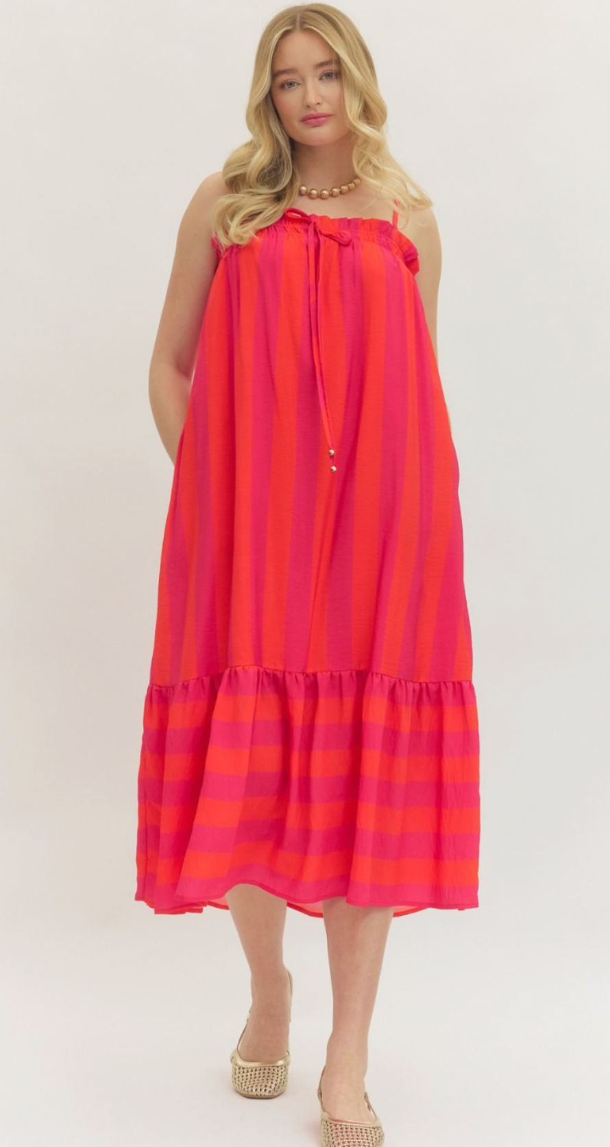 Striped print Ruffle sleeveless midi dress