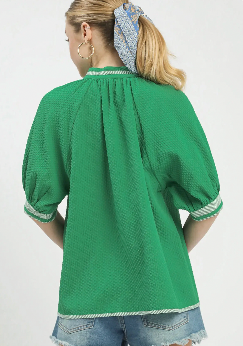 Textured Jacquard Contrast Trim Top