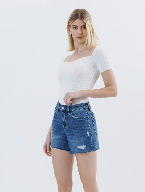 High Rise Raw Hem Denim Shorts