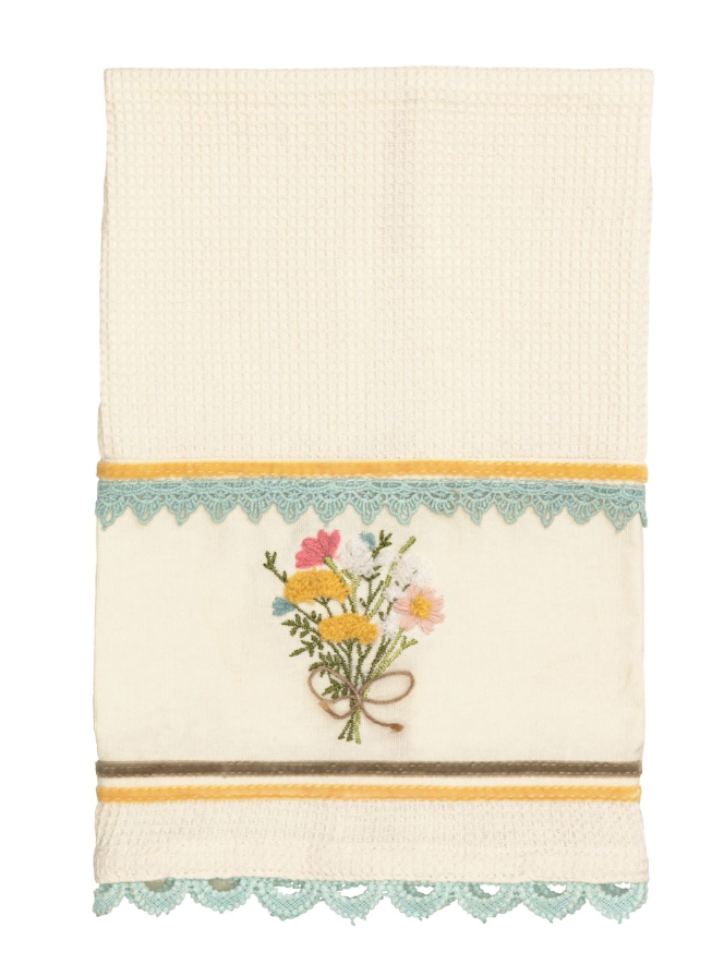 Yellow Floral Embroidered Waffle Towel