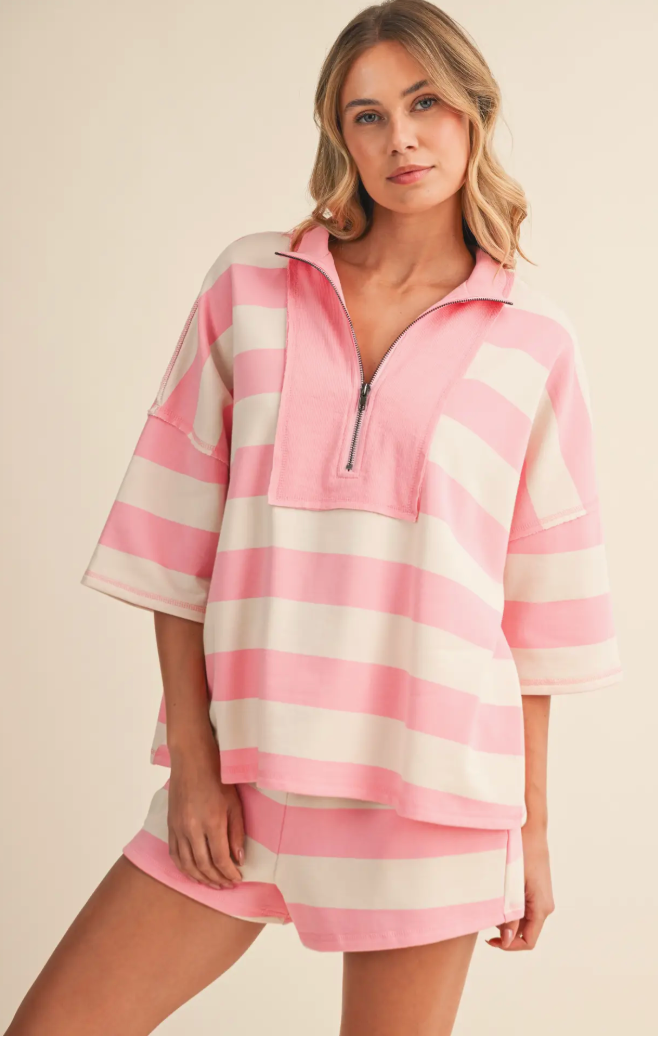 A Striped Half Zip Top and Shorts Set