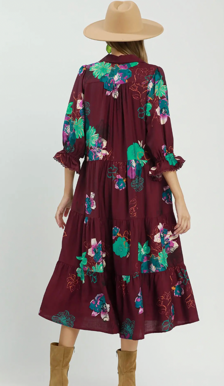 Burgandy Floral Tiered Midi Dress
