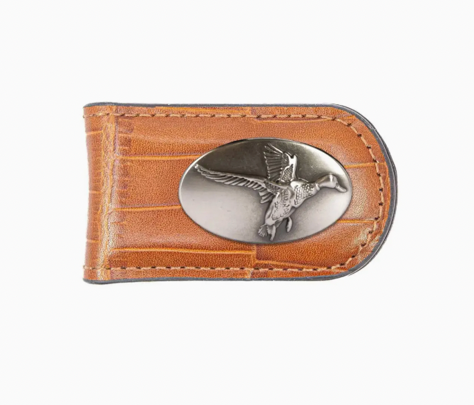 Mallard Leather Magnetic Money Clip Wallet Croc Tan