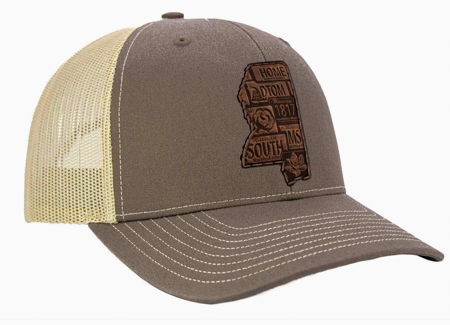 Mississippi Map Leather Patch Trucker Hat Brown/Khaki