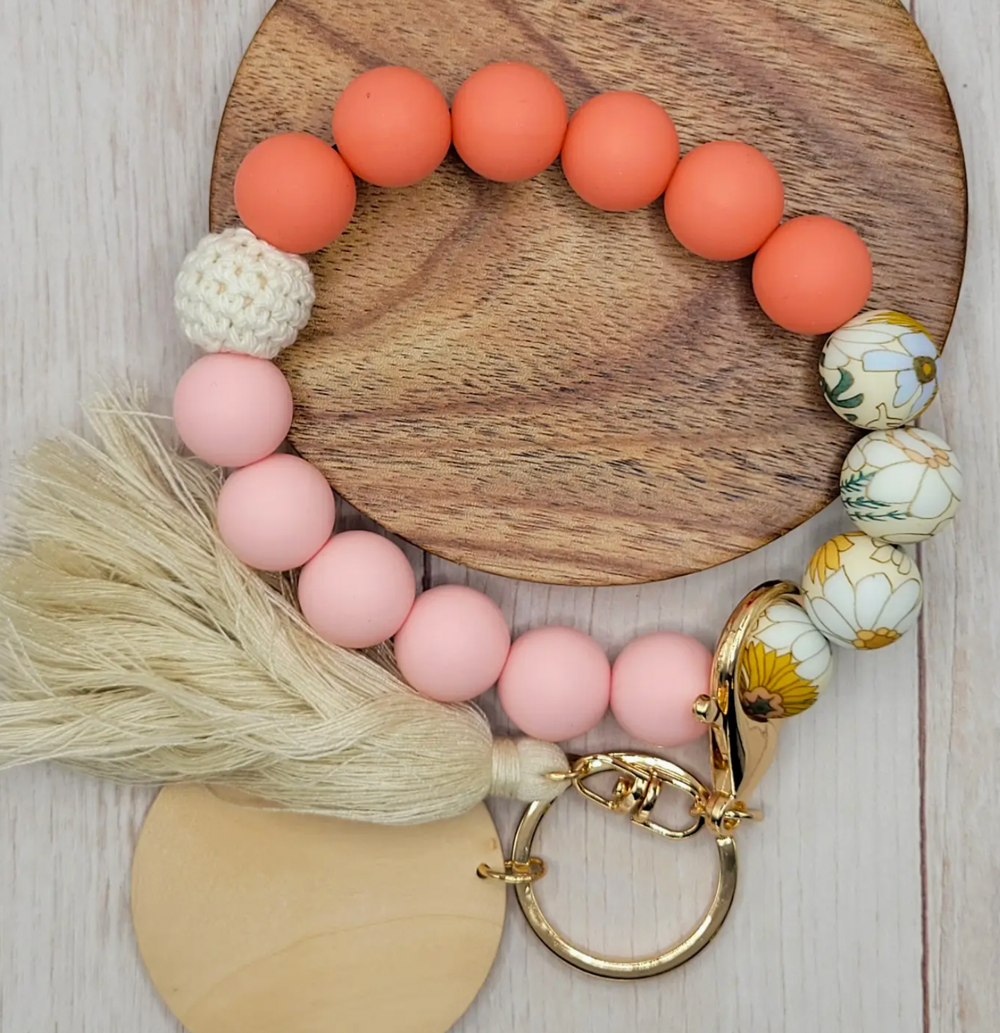 Boho Pink Floral Wristlet Keychain