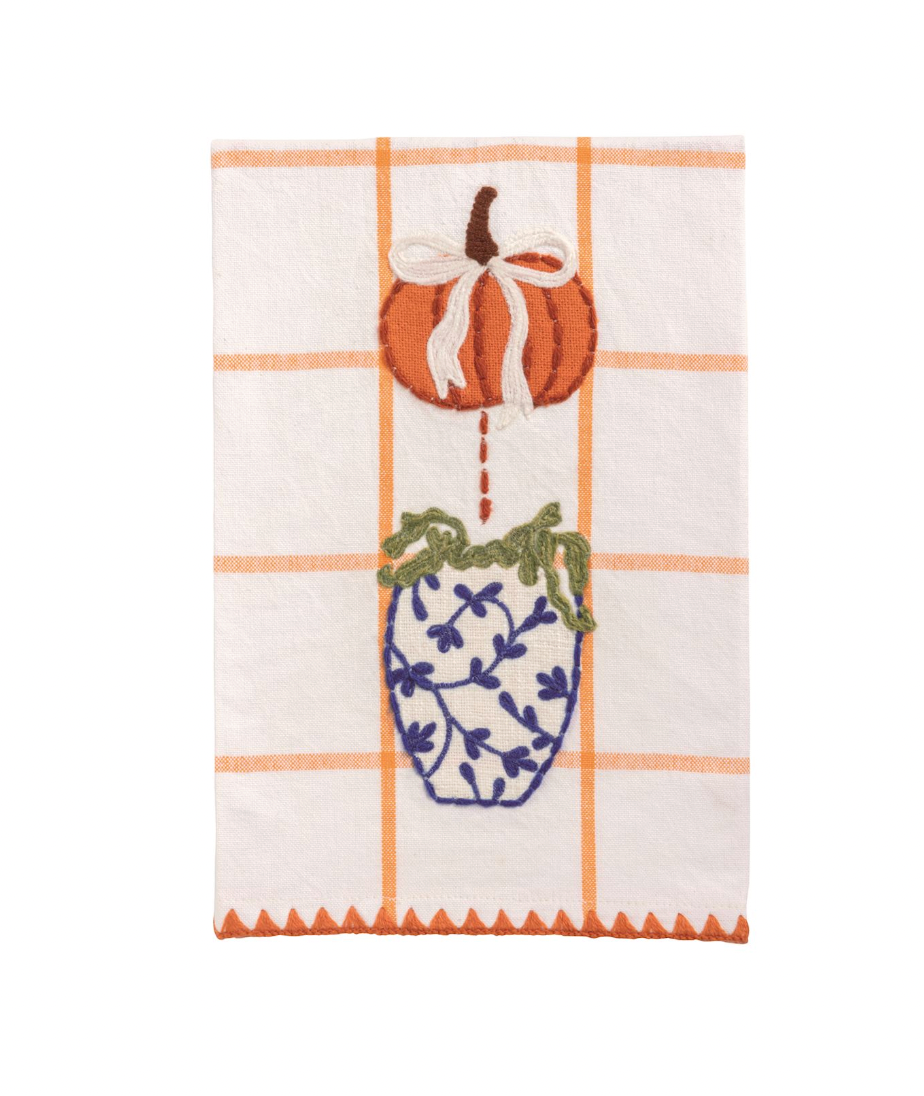 Orange Windowpane Pumpkin Appliqué Topiary Towel