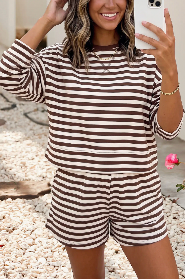 Drop Shoulder Striped Short Set
