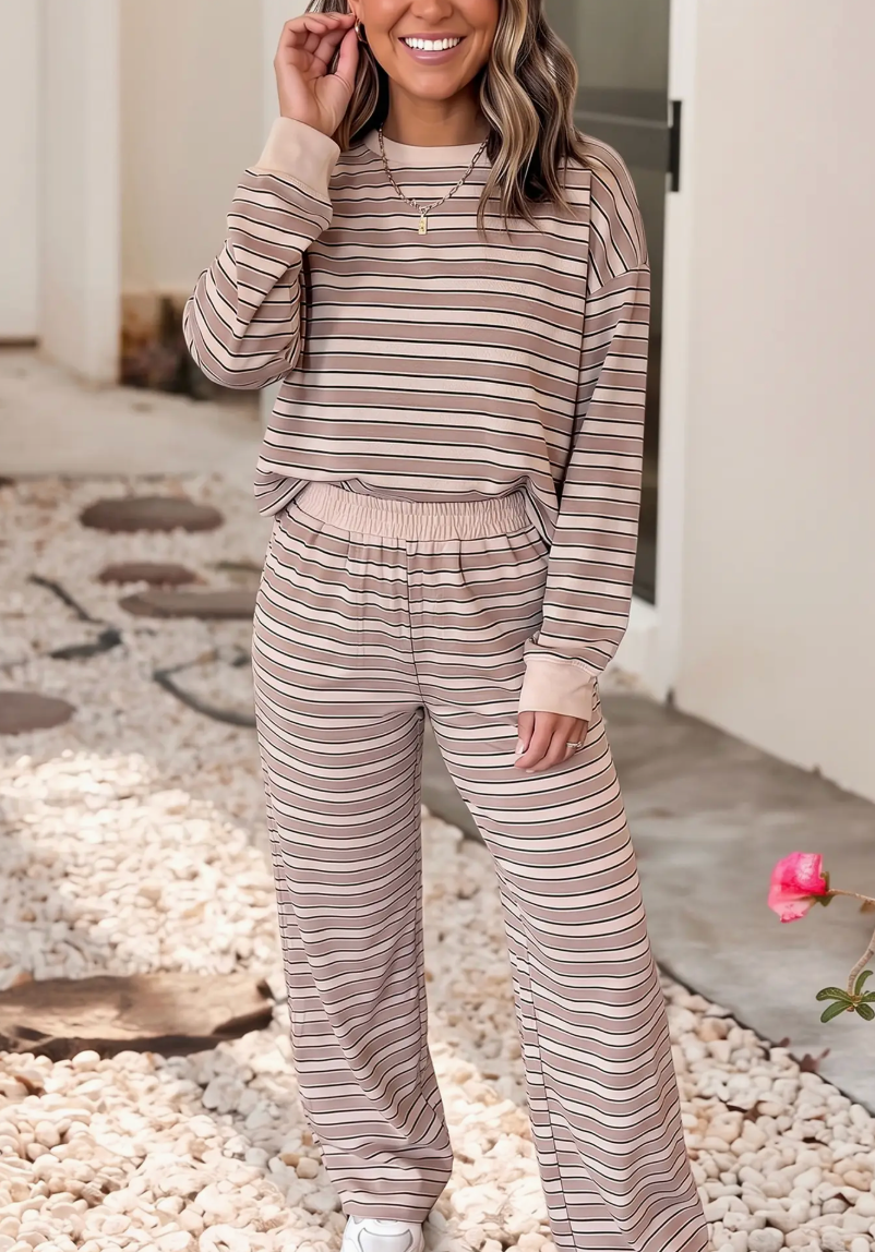 Stripe Contrast Trim Top Pants Set