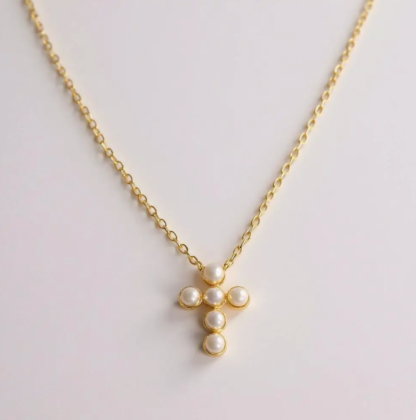 Baby Cross Necklace-Gold/Pearl