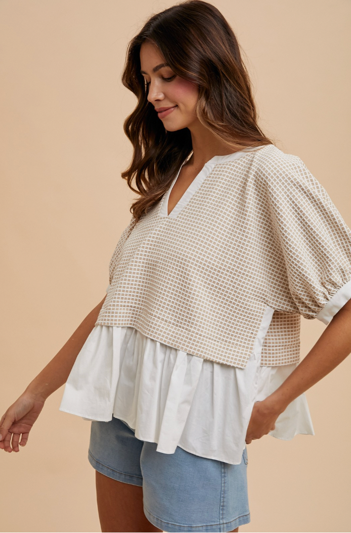 Mixed Checkered Textur Knit Top