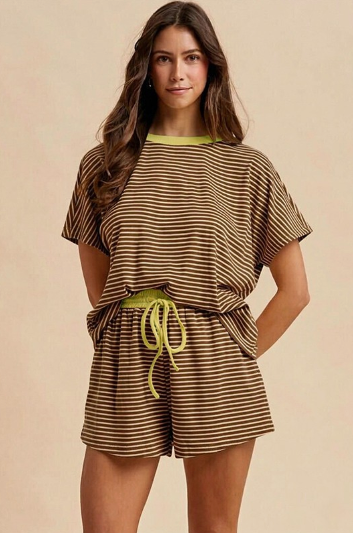 Loose Fit Striped Knit Top & Mini Shorts Set