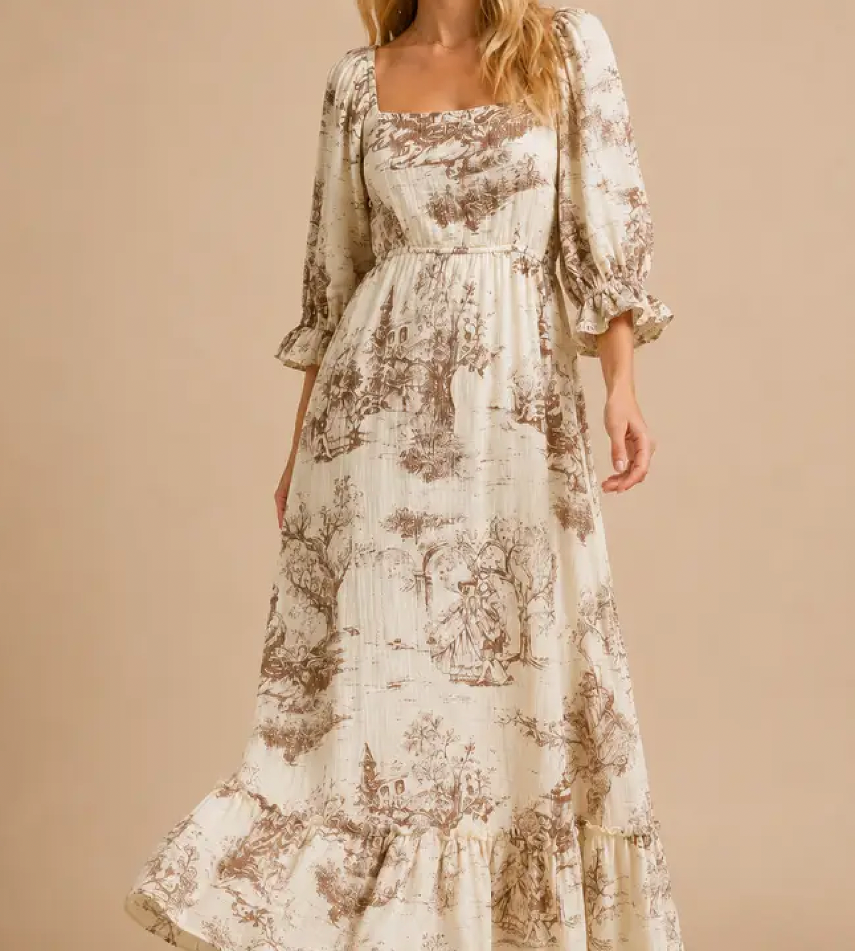 Vintage Pastoral Toile Maxi Dress