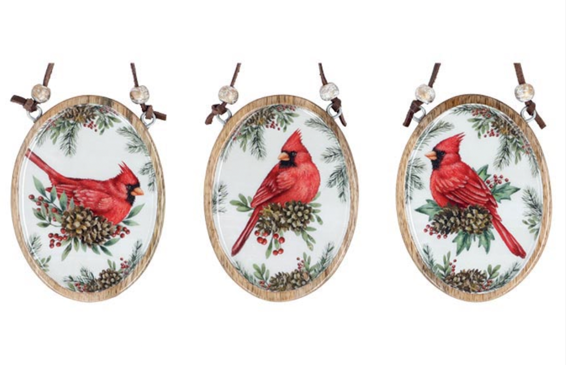 ASTD CARDINAL MANGO WOOD ORNAMENTS