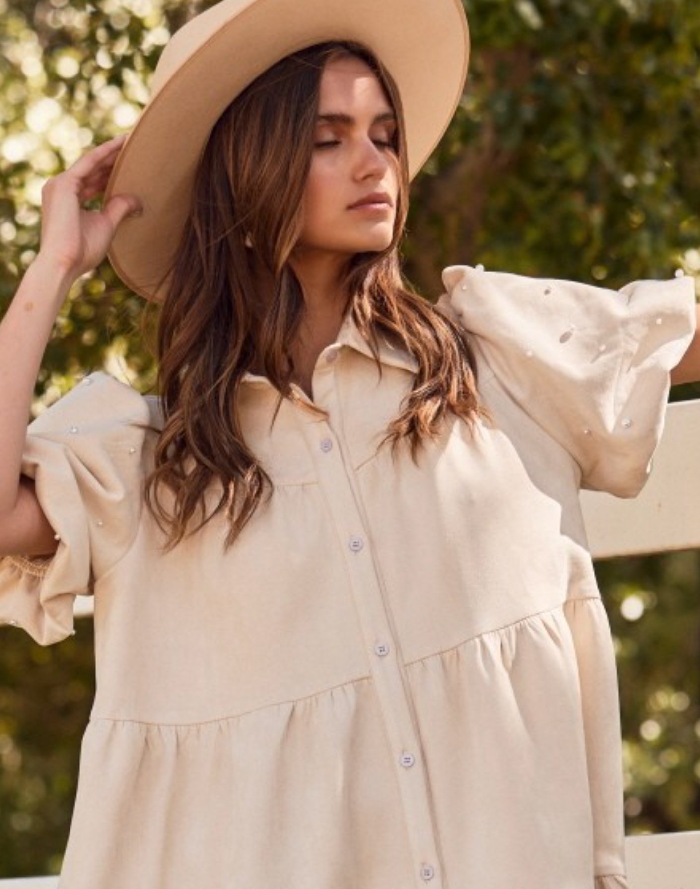 Tiered Suede Shirt Dress w/ Pearl Accents