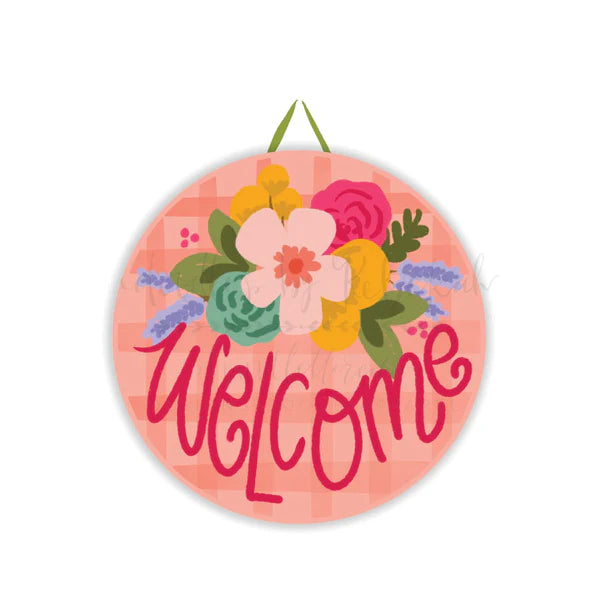 Welcome Pink Plaid Doorhanger