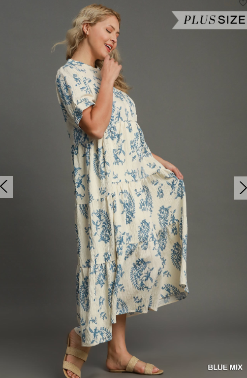 Blue Floral Tiered Print Maxi Dress