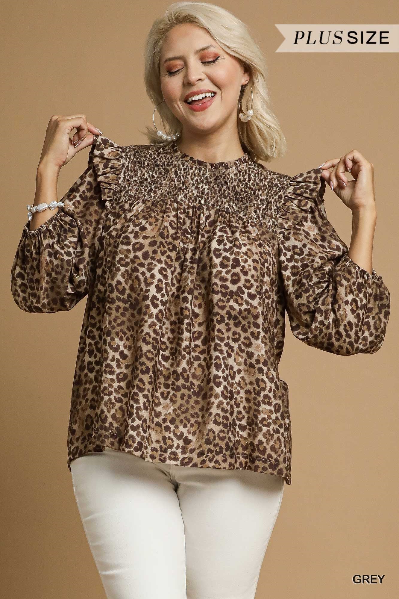 Smocked Leopard Ruffle Blouse