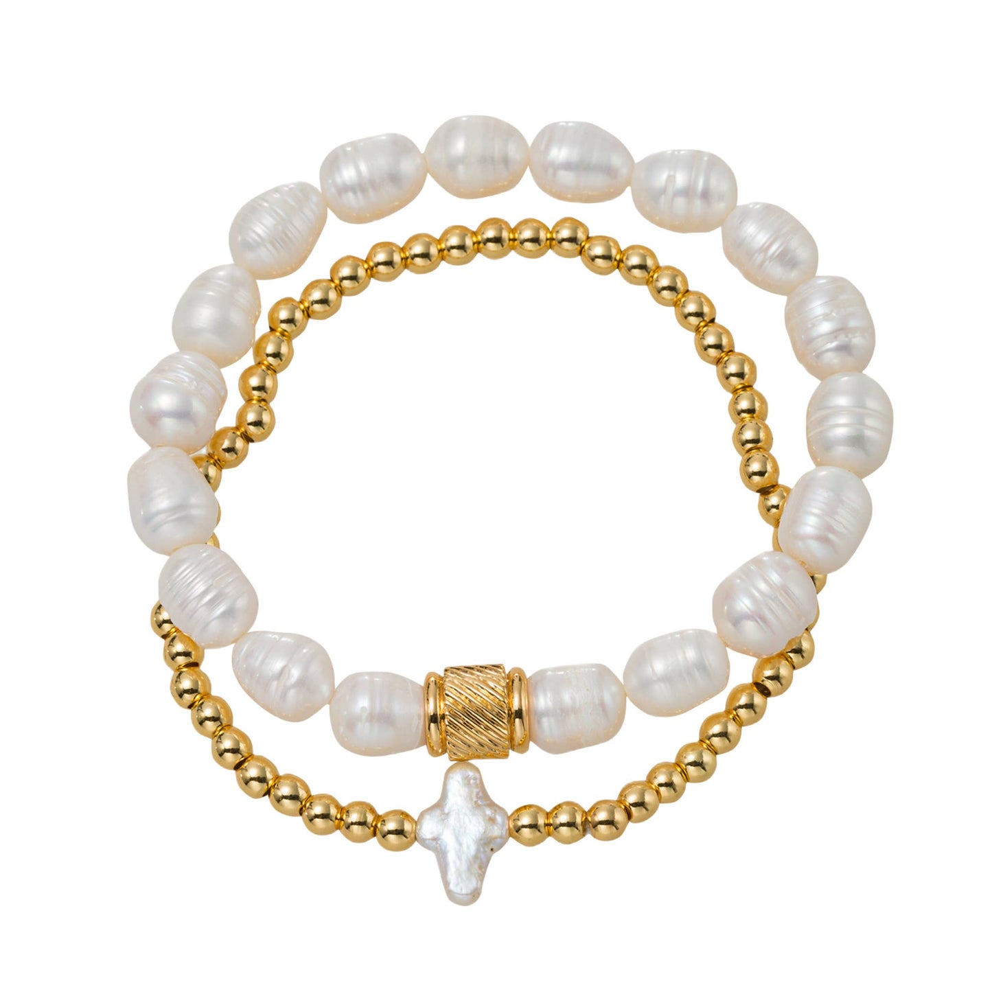 18k Gold Plated Set of 2 Pearl Bracelet with Pearl Cross