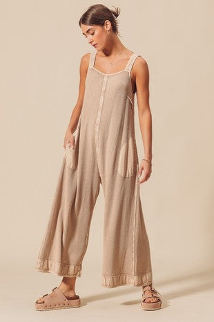 MINERAL WASHED THERMAL WAFFLE WIDE LEG JUMPSUIT