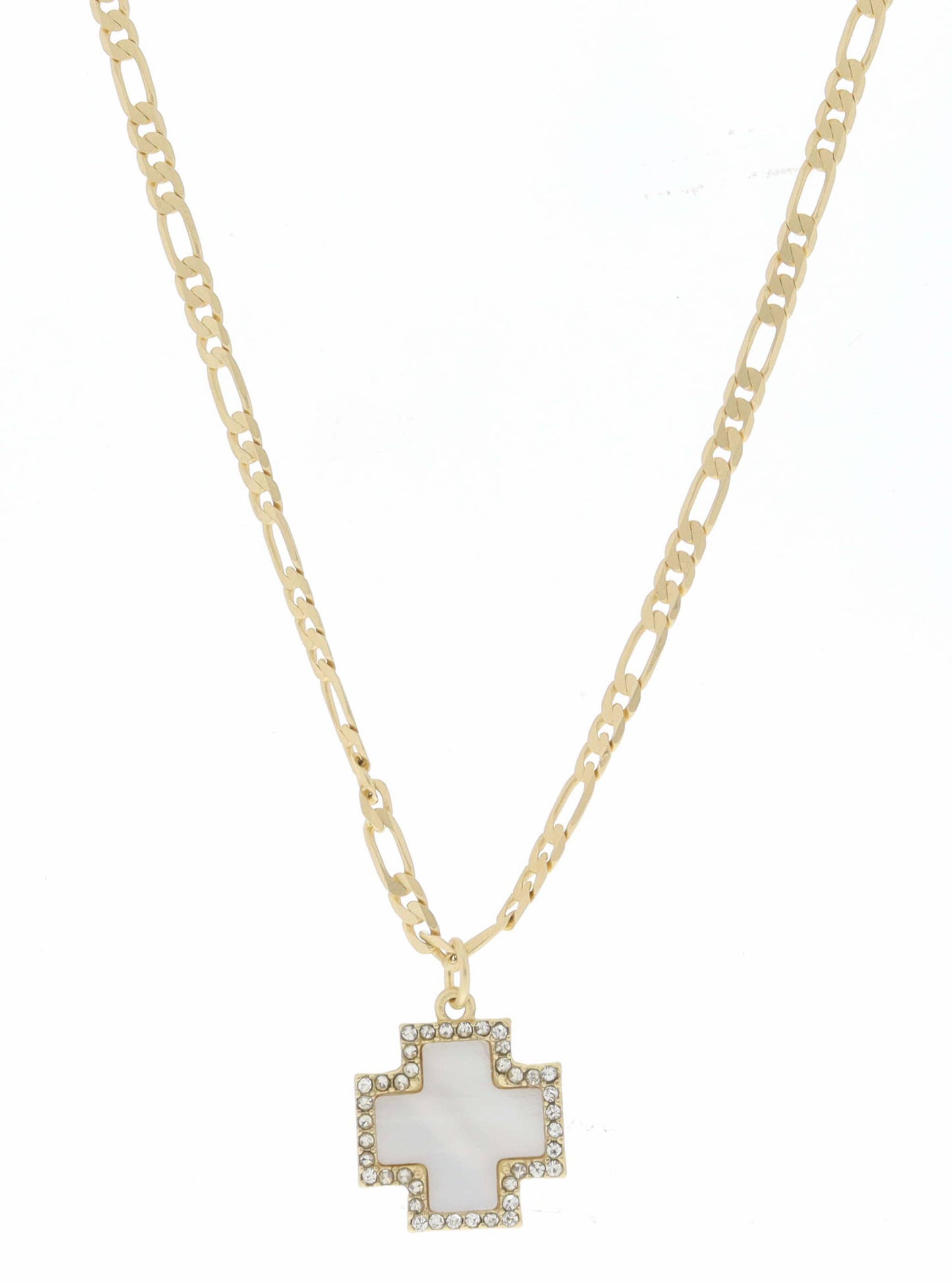White Shell Square Cross with Crystals Necklace