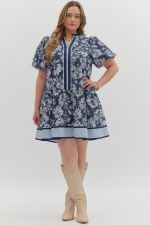 Blue Floral Strip Mini Dress