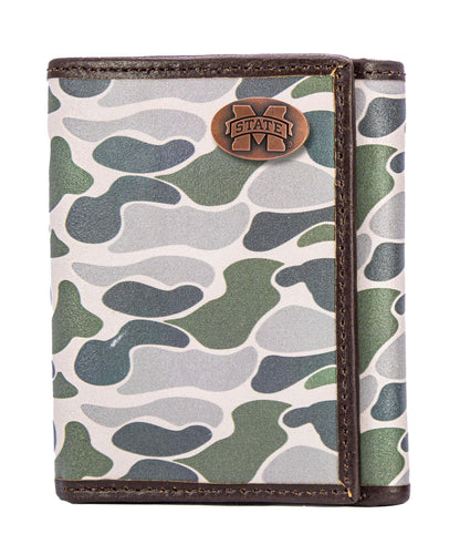 Mississippi State Bulldogs Men's Trifold Old School Camo Leather Wallet.