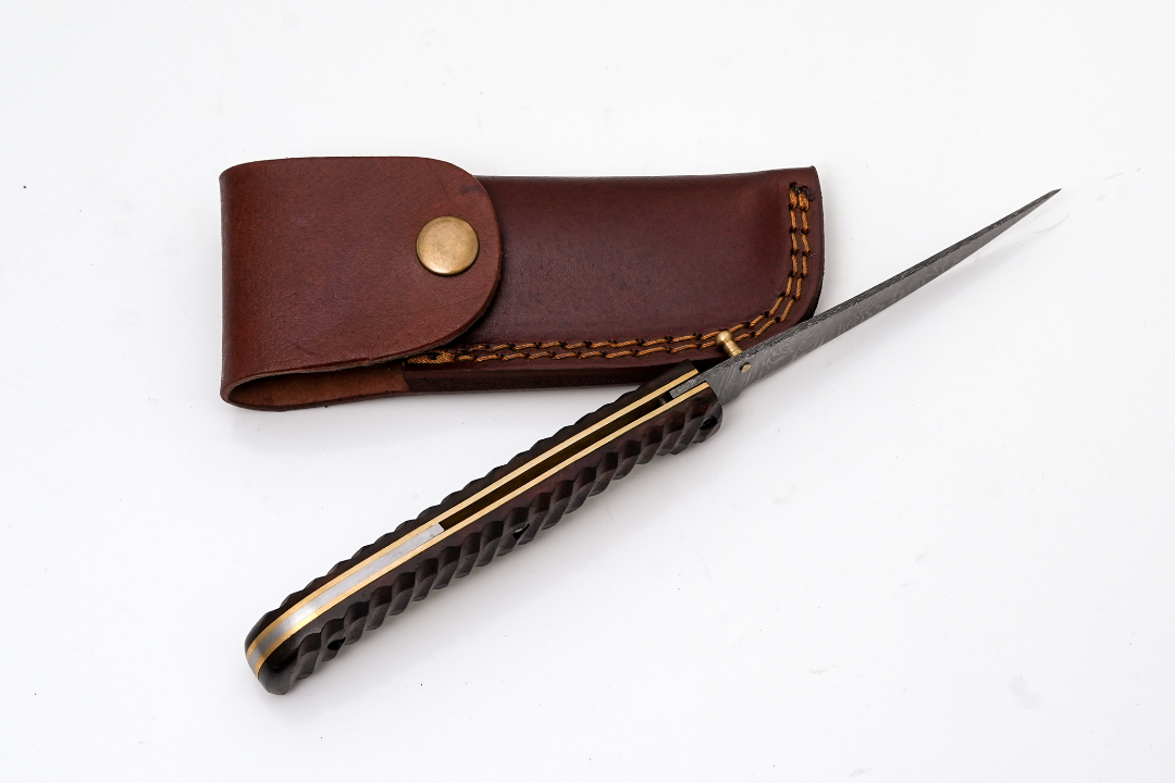 Hand-Forged Damascus Slim Folder | Textured Dark Wood Handle & Intricate Spine File Work