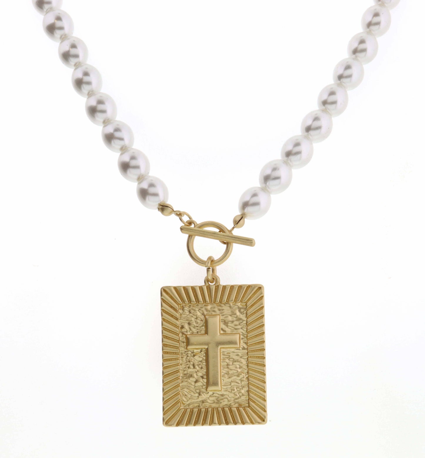 18" Raised Edge Rectangle with Cross on Pearl Necklace