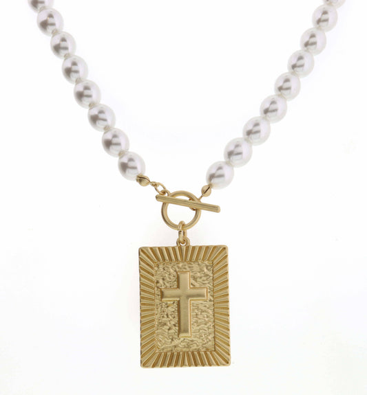 18" Raised Edge Rectangle with Cross on Pearl Necklace