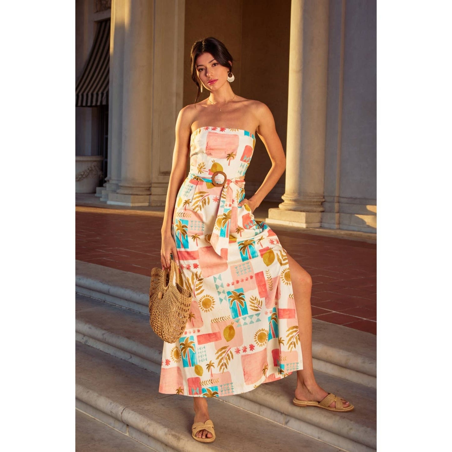 Moroccan Rattan Belt Strapless Maxi Dress