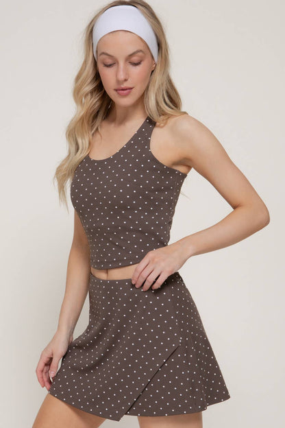 Strappy Back Tank Top & Wrap Skort Dot Print Activewear Set
