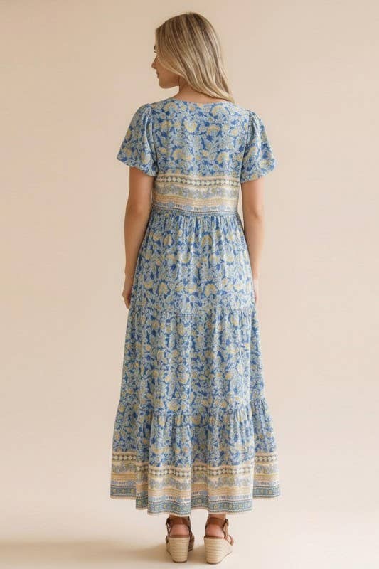 Plus V Neck Babydoll Floral Border Print Maxi