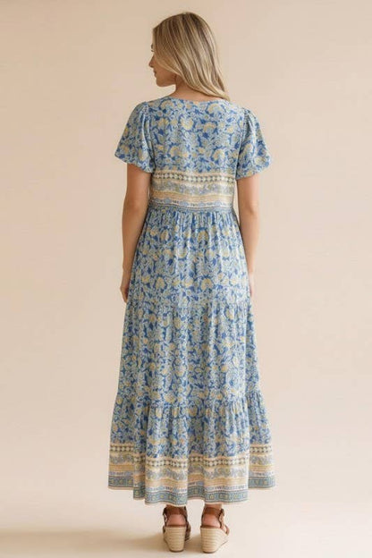 Plus V Neck Babydoll Floral Border Print Maxi