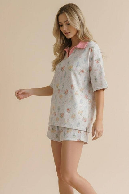 Plus Floral Print Color Block Lounge Wear Set