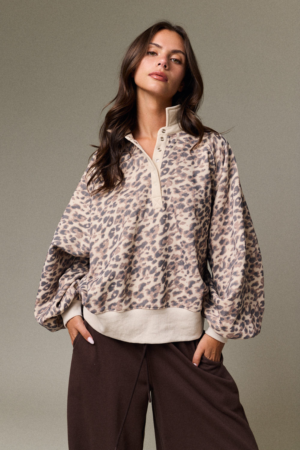 Juliette Leopard Print Snap Button Sweatshirt