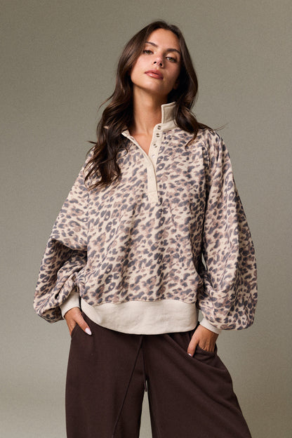 Juliette Leopard Print Snap Button Sweatshirt