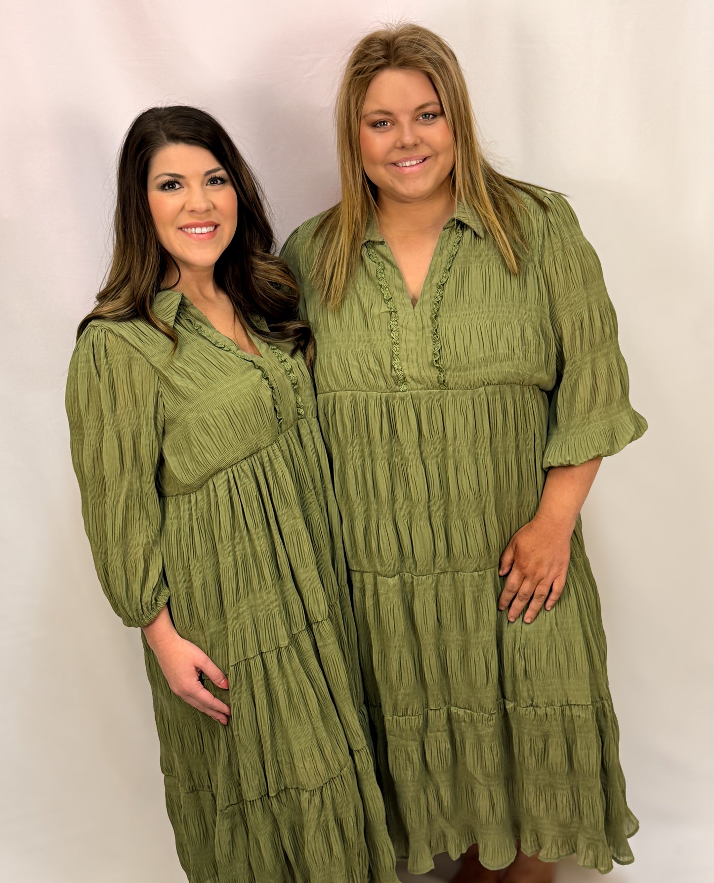 Relaxed Tiered Midi Dress 3/4 Balloon Sleeves