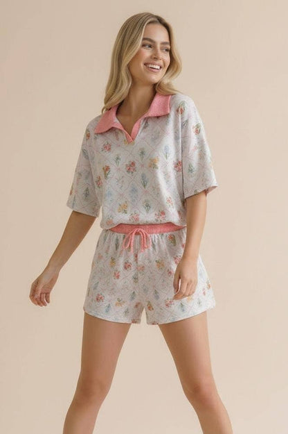 Plus Floral Print Color Block Lounge Wear Set