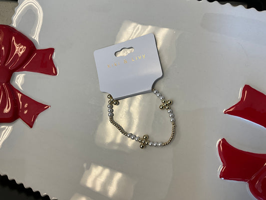 Gold Bead Cross Bracelet W/ Pearls
