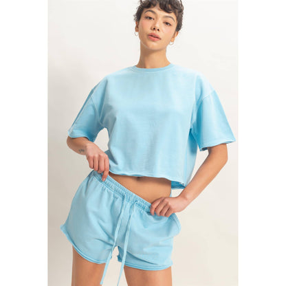 Short Sleeve Crew Neck Top And Shorts Set: BLUE