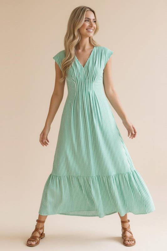 Pleated Back Smocked Waist Stripe Woven Maxi Dress