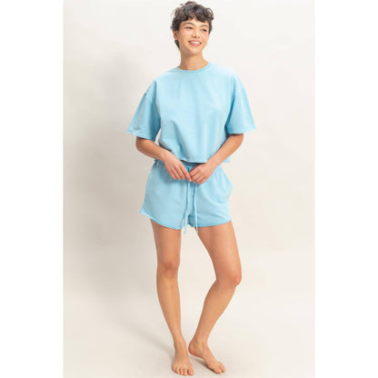 Short Sleeve Crew Neck Top And Shorts Set: BLUE