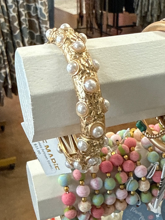Gold Pearl Inlay Artisan Stretch Bangle Bracelet