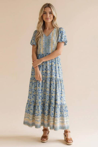 Plus V Neck Babydoll Floral Border Print Maxi