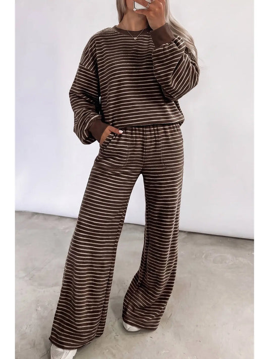 Brown Stripe Pullover Pocketed Shift Set